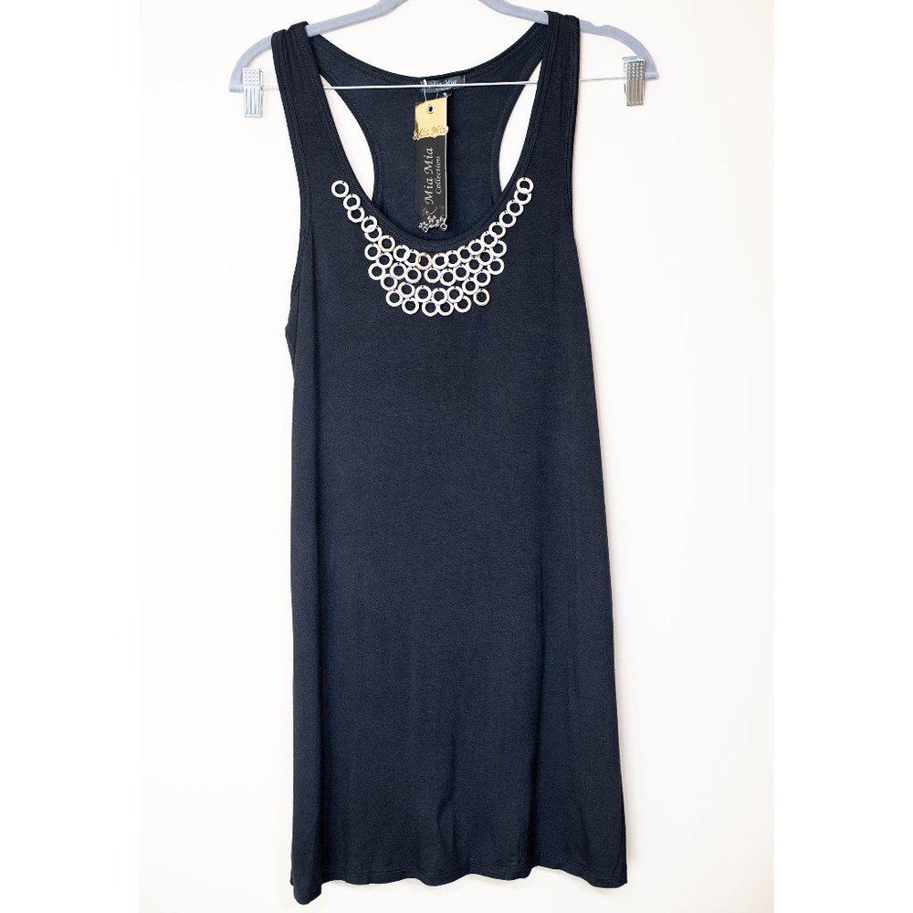 MIA MIA Summer Tank Dress Embellished Neckline Black Sleeveless Midi Size S
